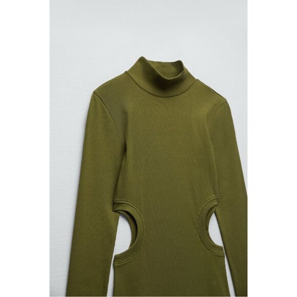 Zara NWT Cut Out Rib Midi Dress in Khaki - Picture 4 of 10